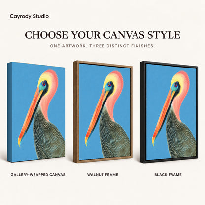 Colorful pelican canvas art compared across gallery-wrapped canvas, walnut frame, and black frame finishes.