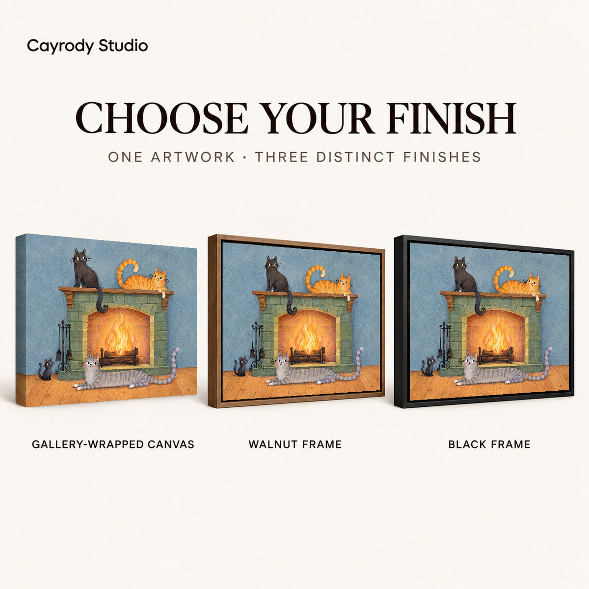 Fireplace cats canvas art compared across gallery-wrapped canvas, walnut frame, and black frame finishes.