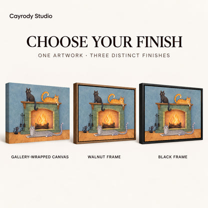 Fireplace cats canvas art compared across gallery-wrapped canvas, walnut frame, and black frame finishes.