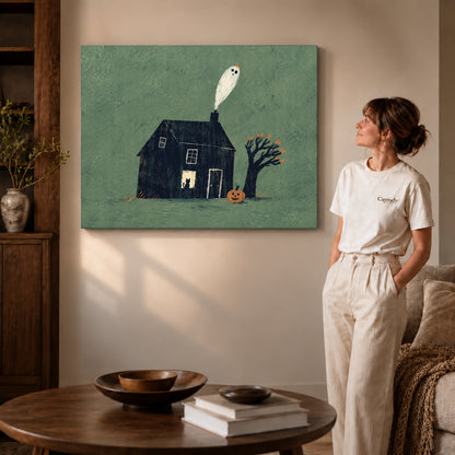 Ghost house canvas art on gallery-wrapped canvas with natural edge shading beside a standing woman.