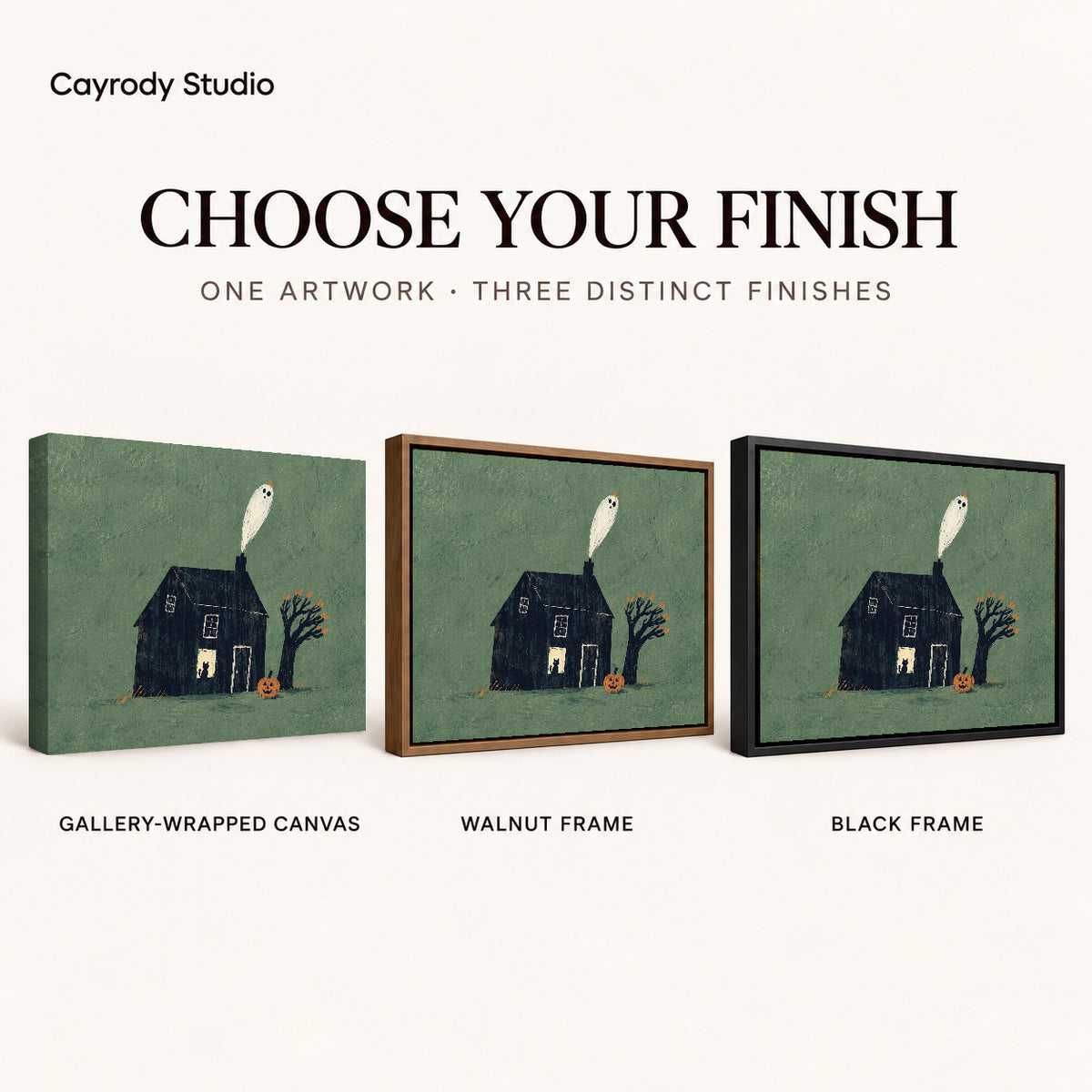 Ghost house canvas art compared across gallery-wrapped canvas, walnut frame, and black frame finishes.