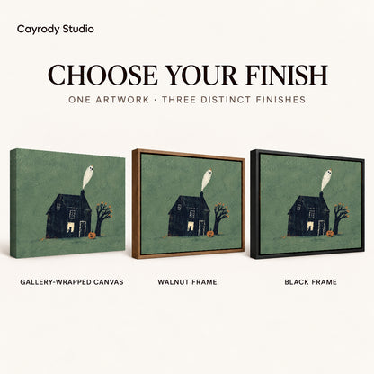 Ghost house canvas art compared across gallery-wrapped canvas, walnut frame, and black frame finishes.