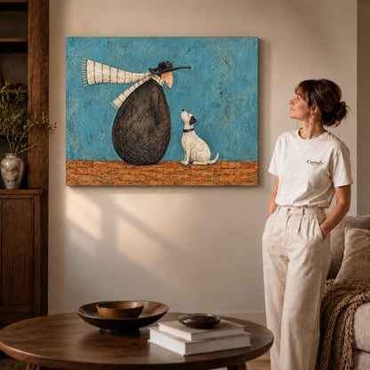 Whimsical companion canvas art on gallery-wrapped canvas with natural edge shading beside a standing woman.