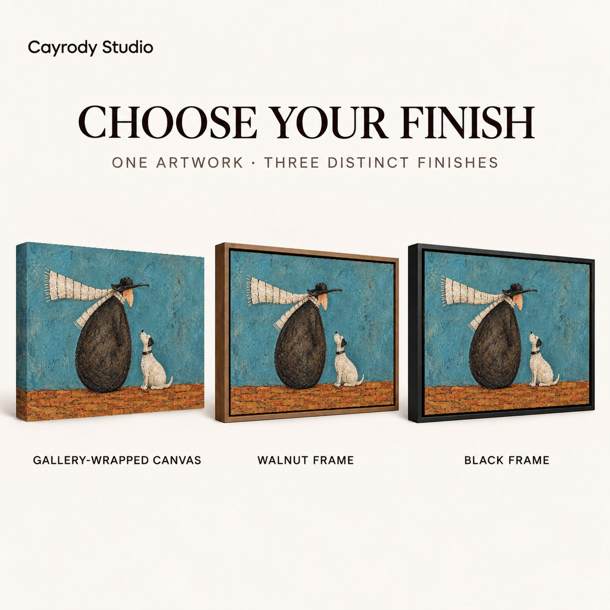 Whimsical companion canvas art compared across gallery-wrapped canvas, walnut frame, and black frame finishes.