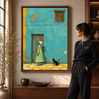 Turquoise street canvas art in a walnut frame beside a standing woman and wooden console.