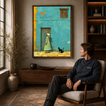 Turquoise street canvas art in a walnut frame above a console beside a seated man.