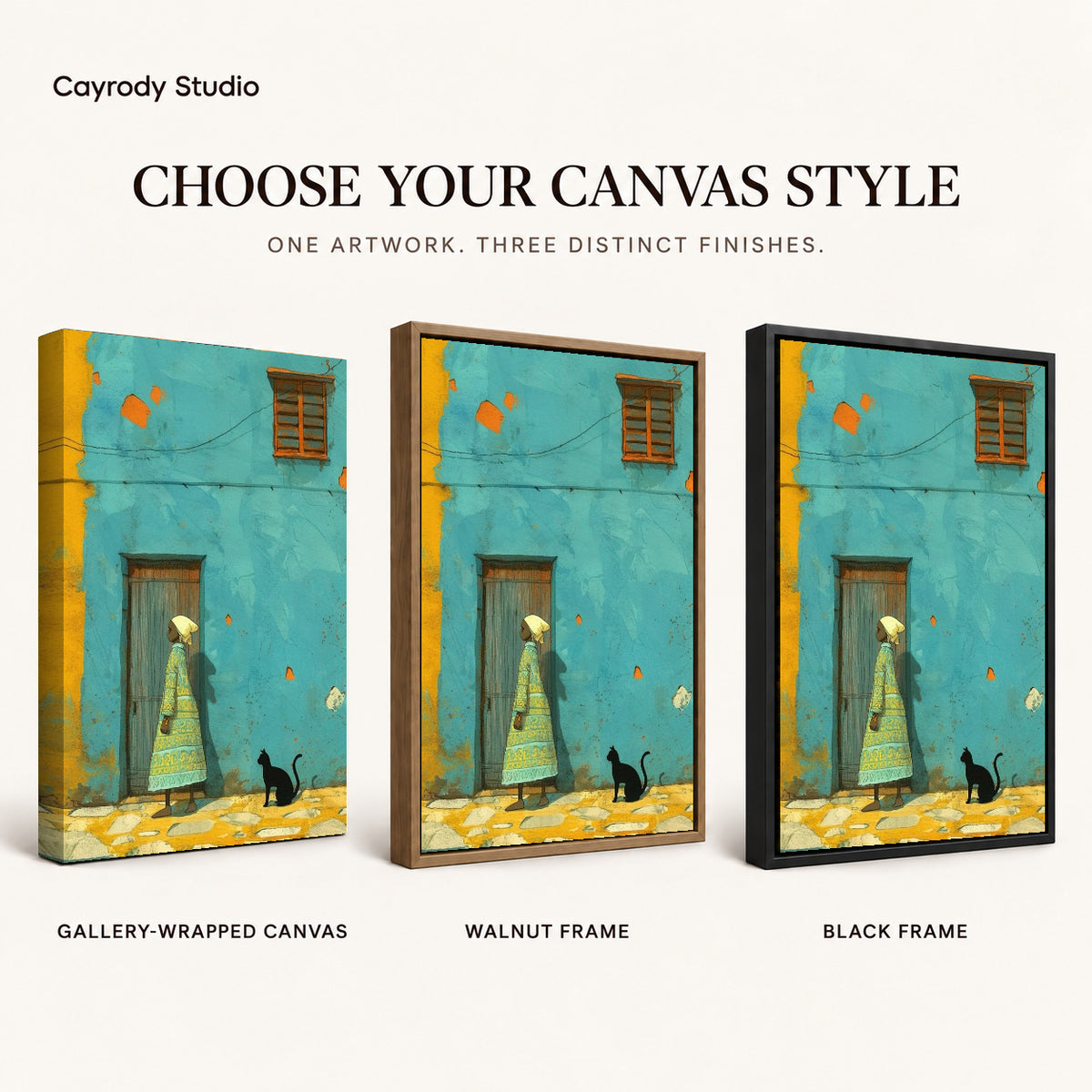 Turquoise street canvas art compared across gallery-wrapped canvas, walnut frame, and black frame finishes.