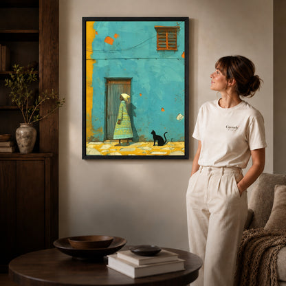 Turquoise street canvas art shown in the black frame option with warm furnishings and a standing woman.