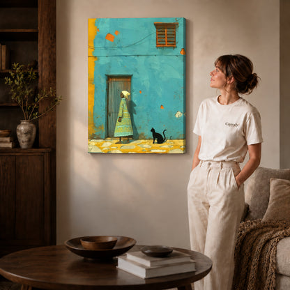 Turquoise street canvas art shown in the gallery-wrapped option with natural edge shading and living room surroundings.