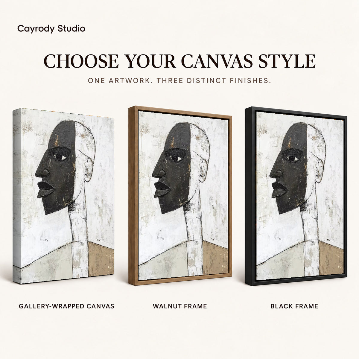 Abstract profile canvas art compared across gallery-wrapped canvas, walnut frame, and black frame finishes.