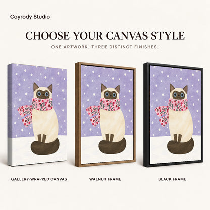 Winter cat canvas art compared across gallery-wrapped canvas, walnut frame, and black frame finishes.