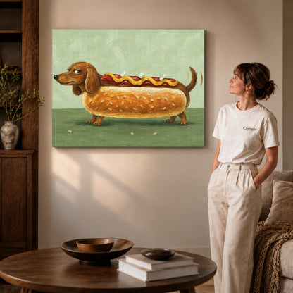 Dachshund hot dog canvas art on gallery-wrapped canvas with natural edge shading beside a standing woman.