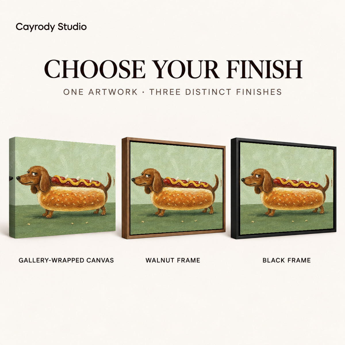 Dachshund hot dog canvas art compared across gallery-wrapped canvas, walnut frame, and black frame finishes.