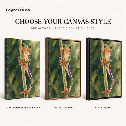 Tree frog canvas art compared across gallery-wrapped canvas, walnut frame, and black frame finishes.