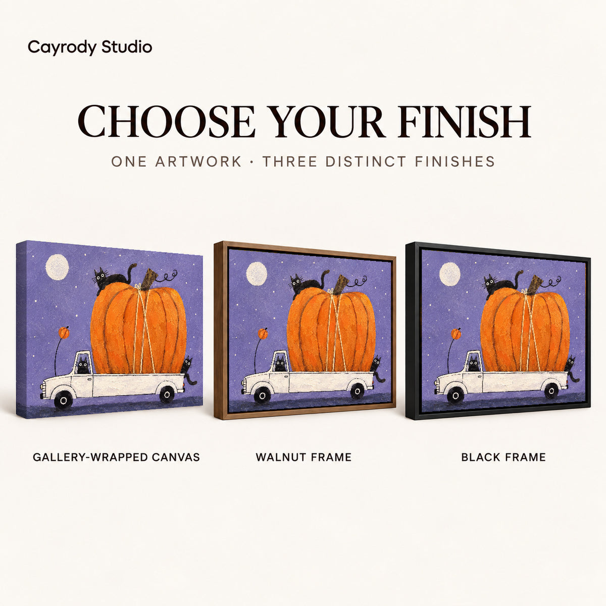 Pumpkin truck cats canvas art compared across gallery-wrapped canvas, walnut frame, and black frame finishes.