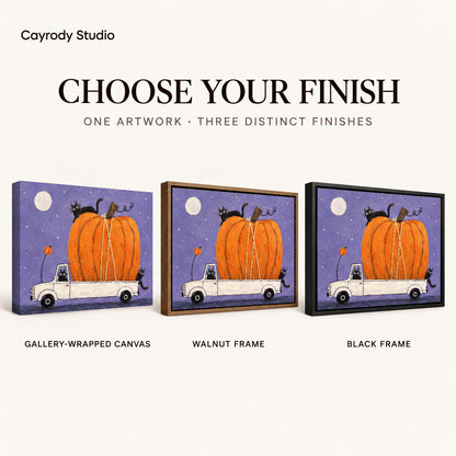 Pumpkin truck cats canvas art compared across gallery-wrapped canvas, walnut frame, and black frame finishes.