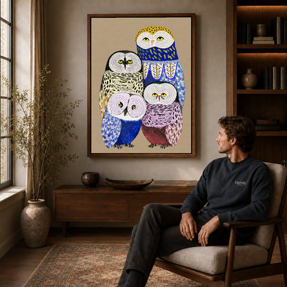 Owl family canvas art in a walnut frame above a console beside a seated man.