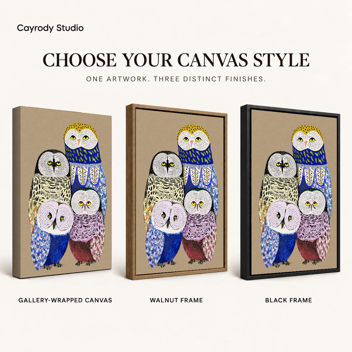 Owl family canvas art compared across gallery-wrapped canvas, walnut frame, and black frame finishes.