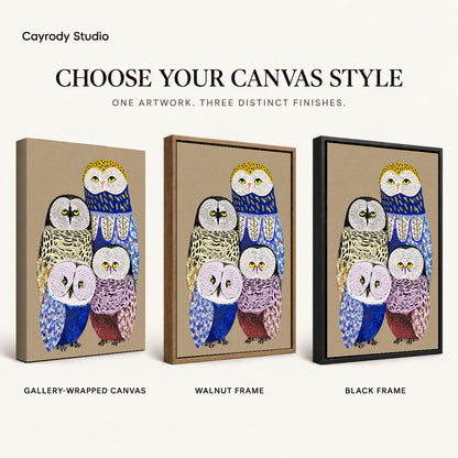 Owl family canvas art compared across gallery-wrapped canvas, walnut frame, and black frame finishes.