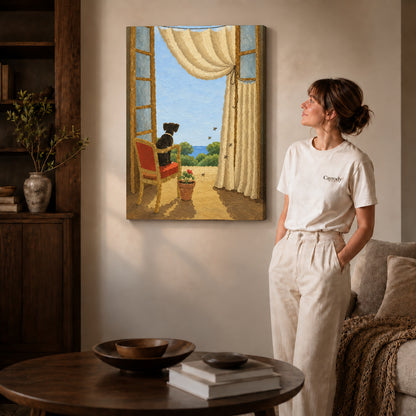 Window dog canvas art on gallery-wrapped canvas with natural edge shading beside a standing woman.