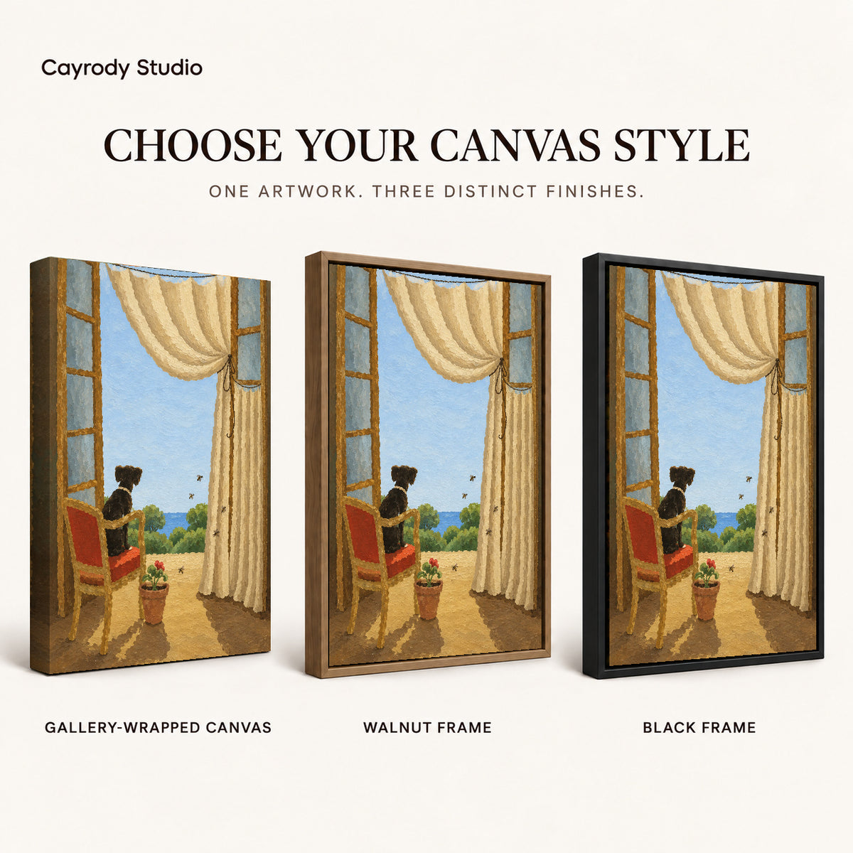 Window dog canvas art compared across gallery-wrapped canvas, walnut frame, and black frame finishes.