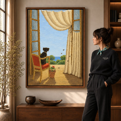 Window dog canvas art shown in the walnut frame option within a warm living room.