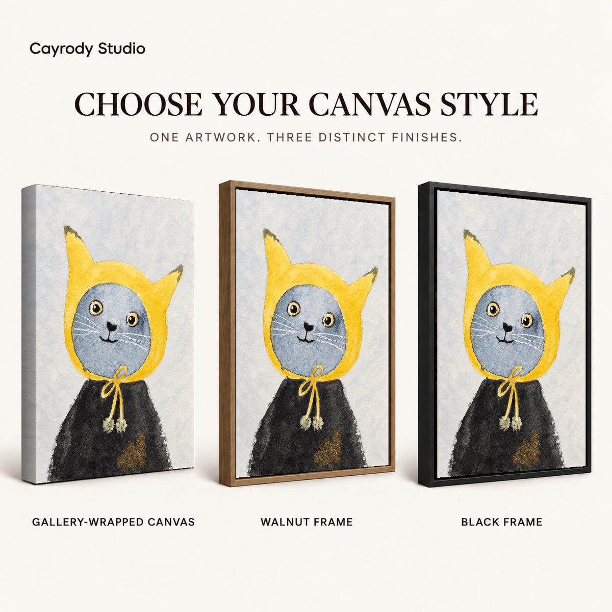yellow hood cat canvas art compared across gallery-wrapped canvas, walnut frame, and black frame finishes.