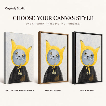 yellow hood cat canvas art compared across gallery-wrapped canvas, walnut frame, and black frame finishes.