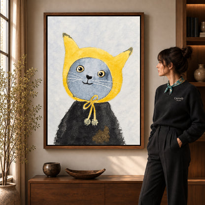 yellow hood cat canvas art shown in the walnut frame option within a warm living room.
