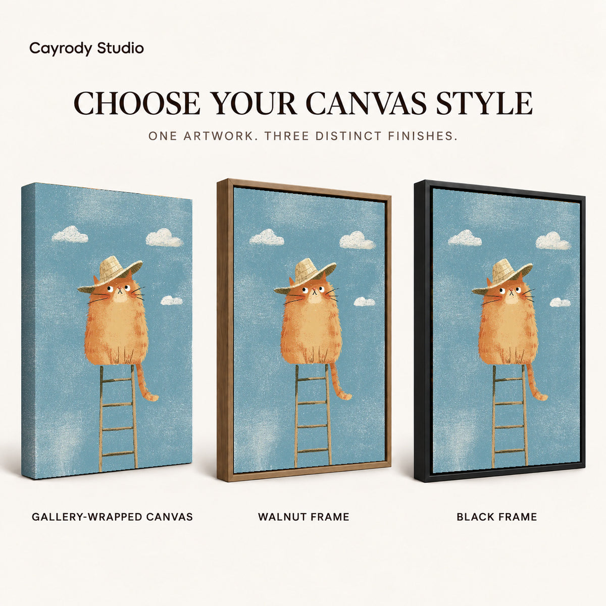 straw hat cat canvas art compared across gallery-wrapped canvas, walnut frame, and black frame finishes.
