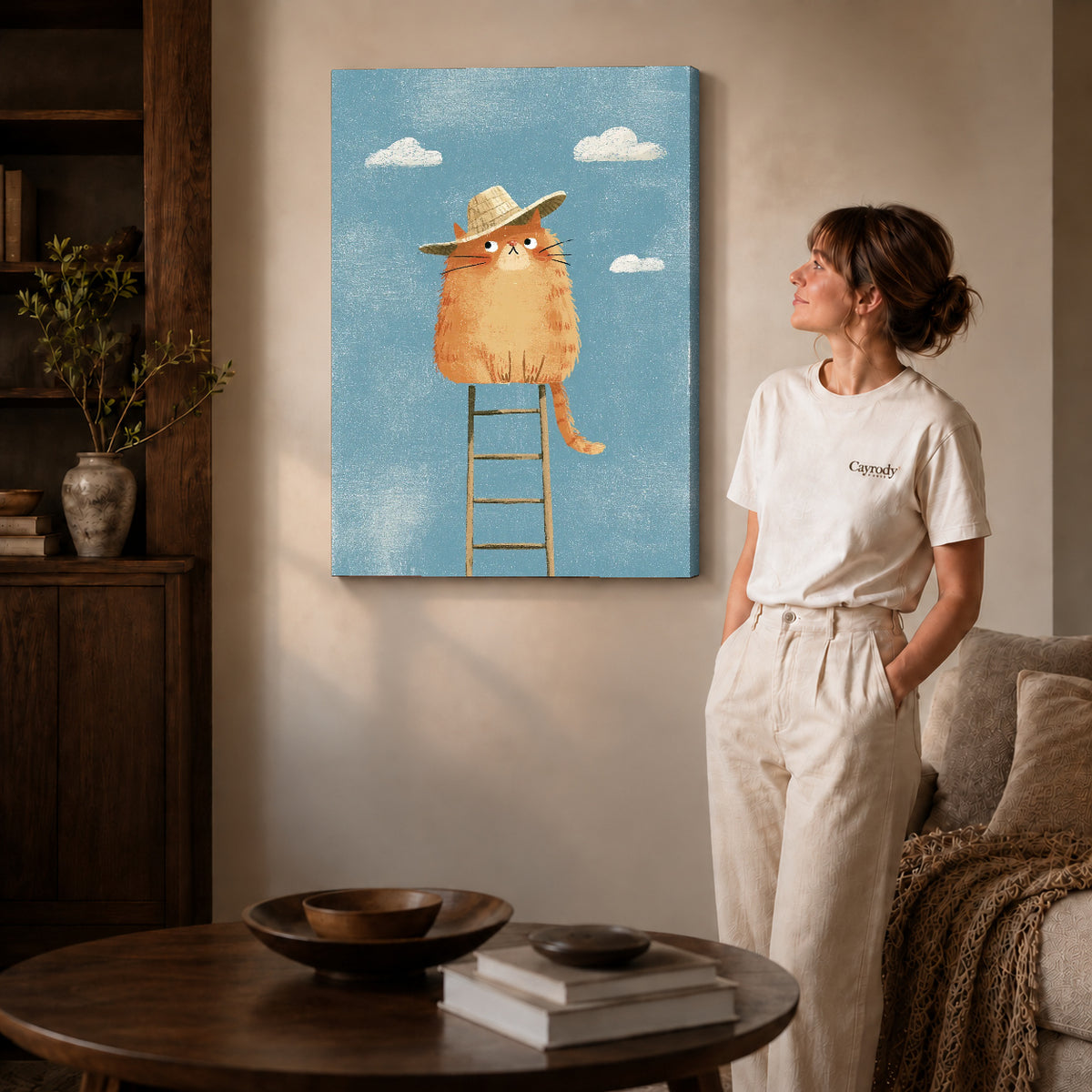 straw hat cat canvas art shown in the gallery-wrapped option with visible depth and warm surroundings.