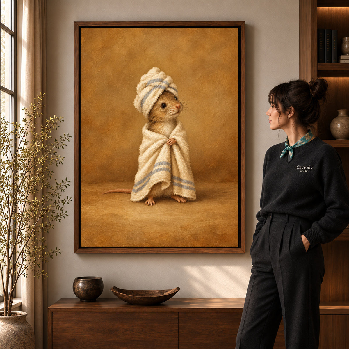 vintage spa mouse canvas art in a walnut frame beside a standing woman and wooden console.