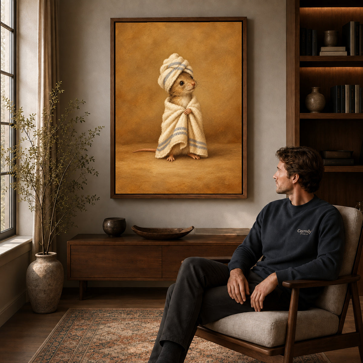 vintage spa mouse canvas art in a walnut frame above a console beside a seated man.