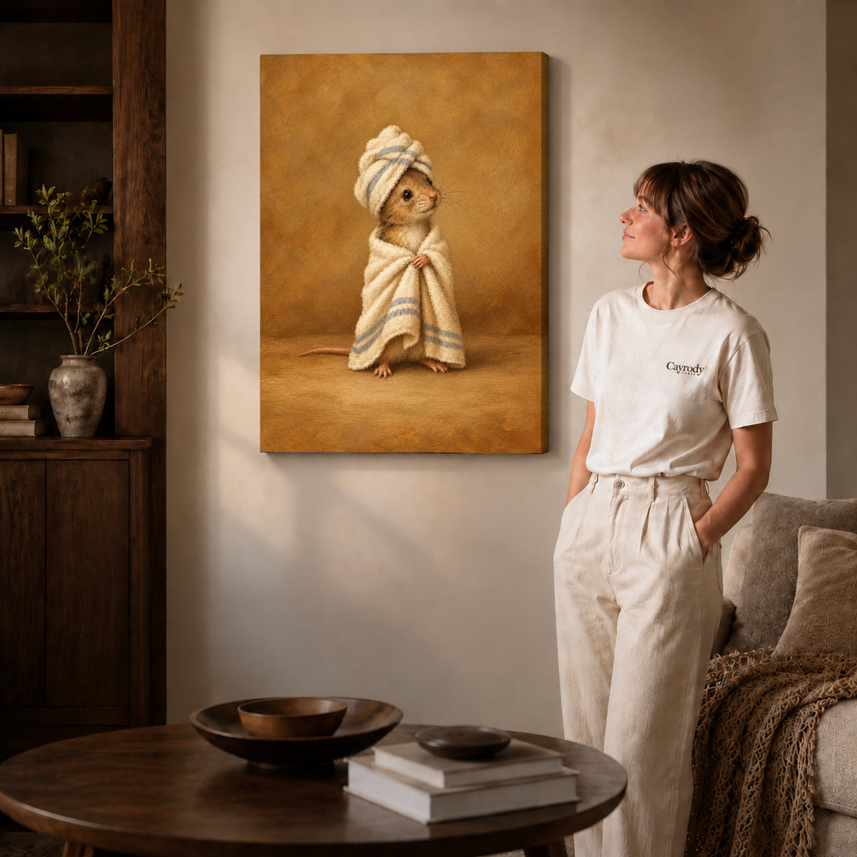vintage spa mouse canvas art on gallery-wrapped canvas with natural edge shading beside a standing woman.