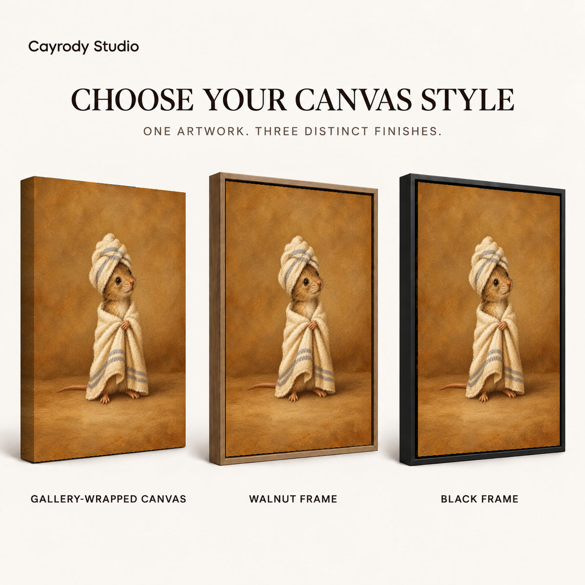 vintage spa mouse canvas art compared across gallery-wrapped canvas, walnut frame, and black frame finishes.