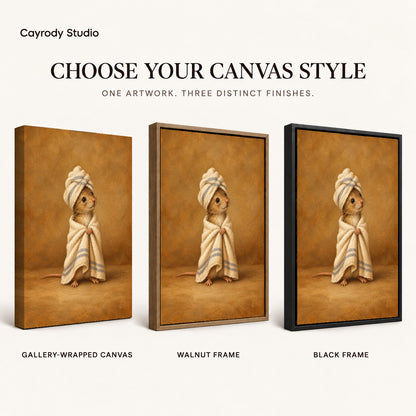 vintage spa mouse canvas art compared across gallery-wrapped canvas, walnut frame, and black frame finishes.