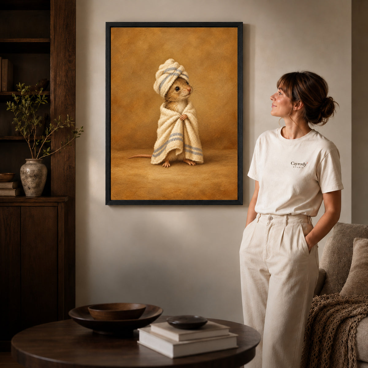 vintage spa mouse canvas art shown in the black frame option against a softly lit wall.