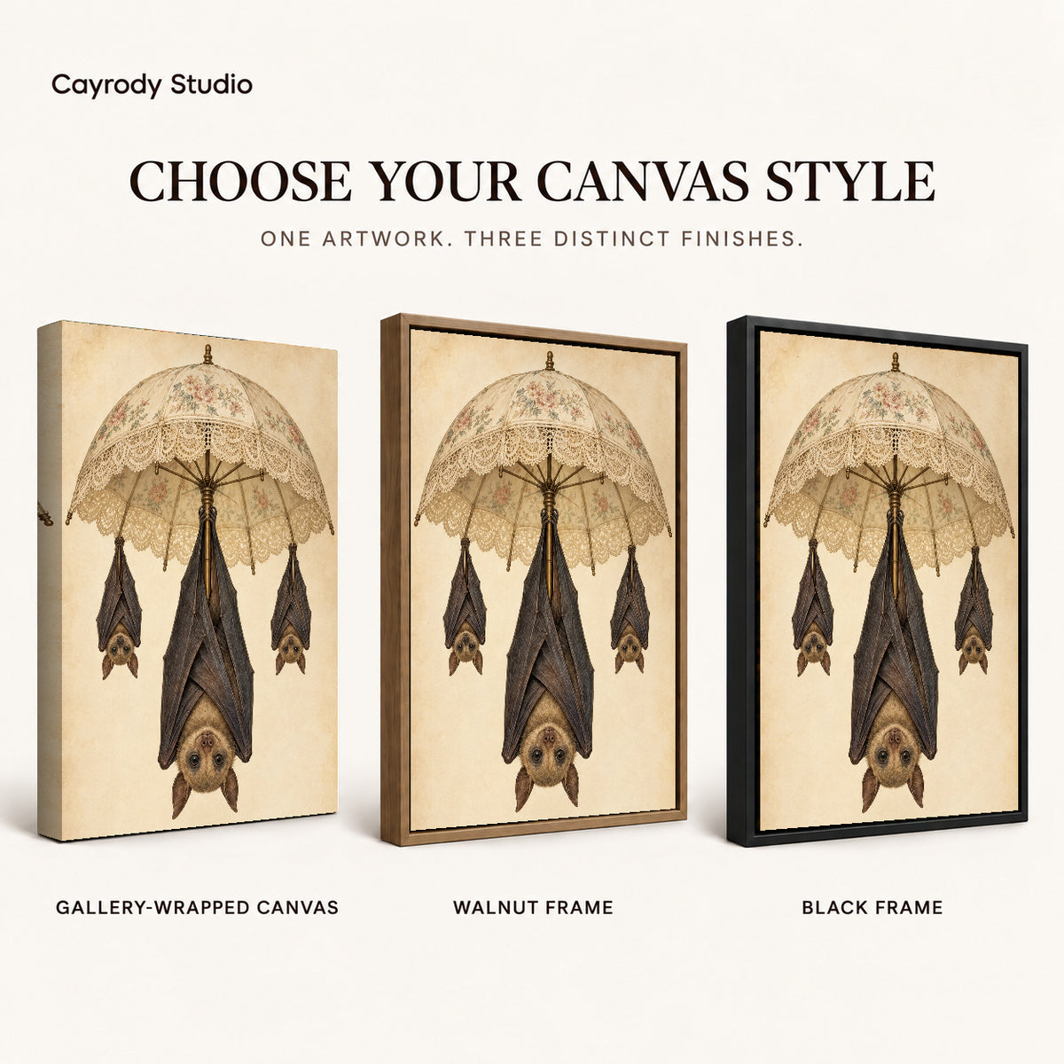 lace parasol bats canvas art compared across gallery-wrapped canvas, walnut frame, and black frame finishes.