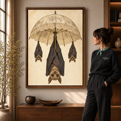 lace parasol bats canvas art shown in the walnut frame option within a warm living room.