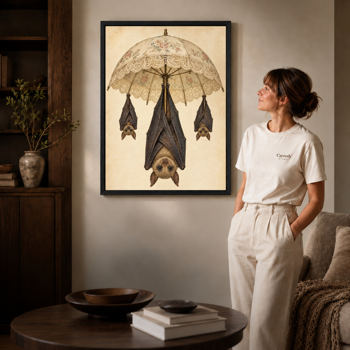 lace parasol bats canvas art shown in the black frame option against a softly lit wall.