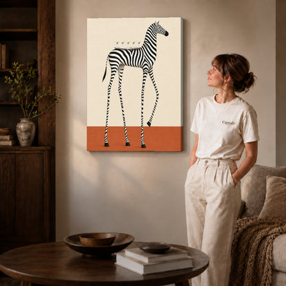 martini tray zebra canvas art on gallery-wrapped canvas with natural edge shading beside a standing woman.