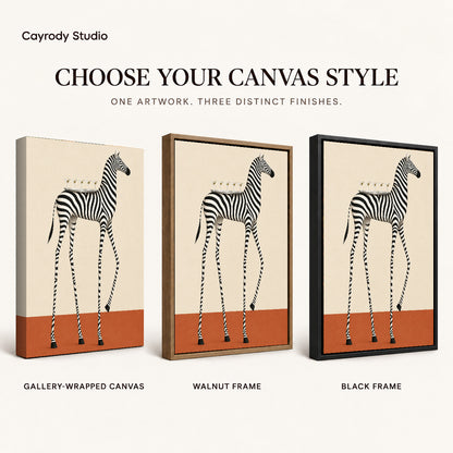 martini tray zebra canvas art compared across gallery-wrapped canvas, walnut frame, and black frame finishes.