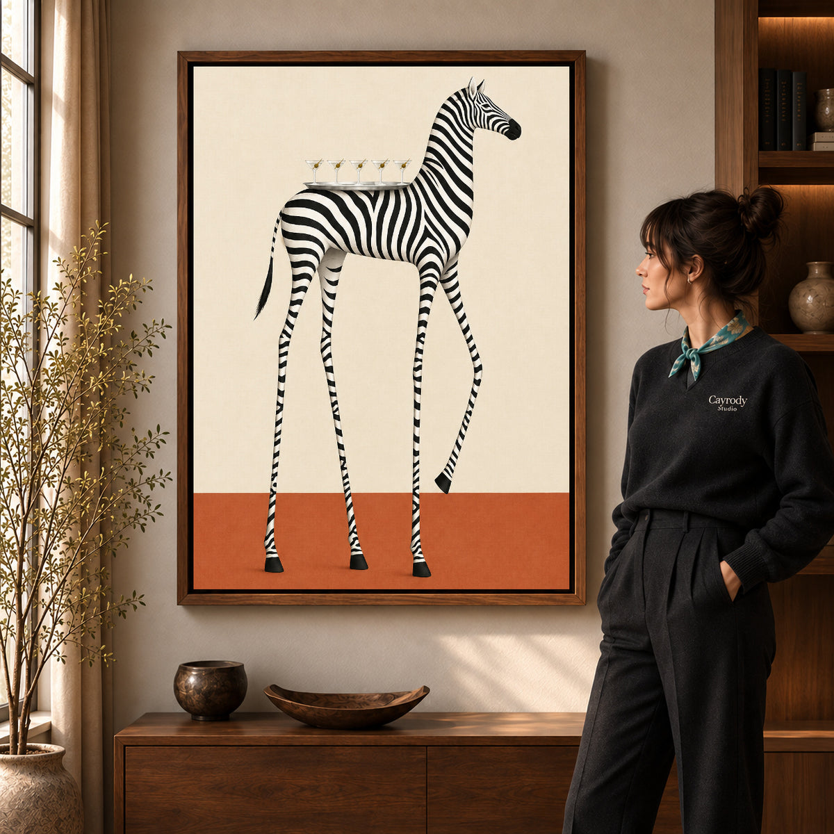martini tray zebra canvas art shown in the walnut frame option within a warm living room.