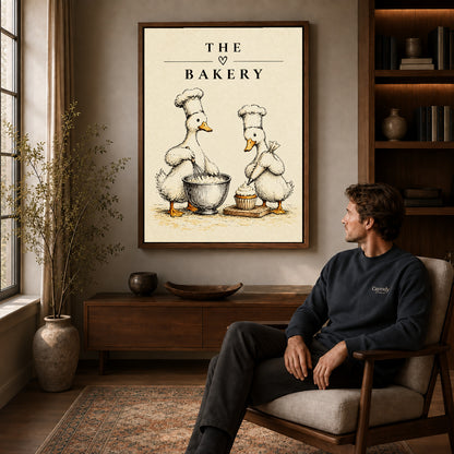 vintage bakery ducks canvas art in a walnut frame above a console beside a seated man.