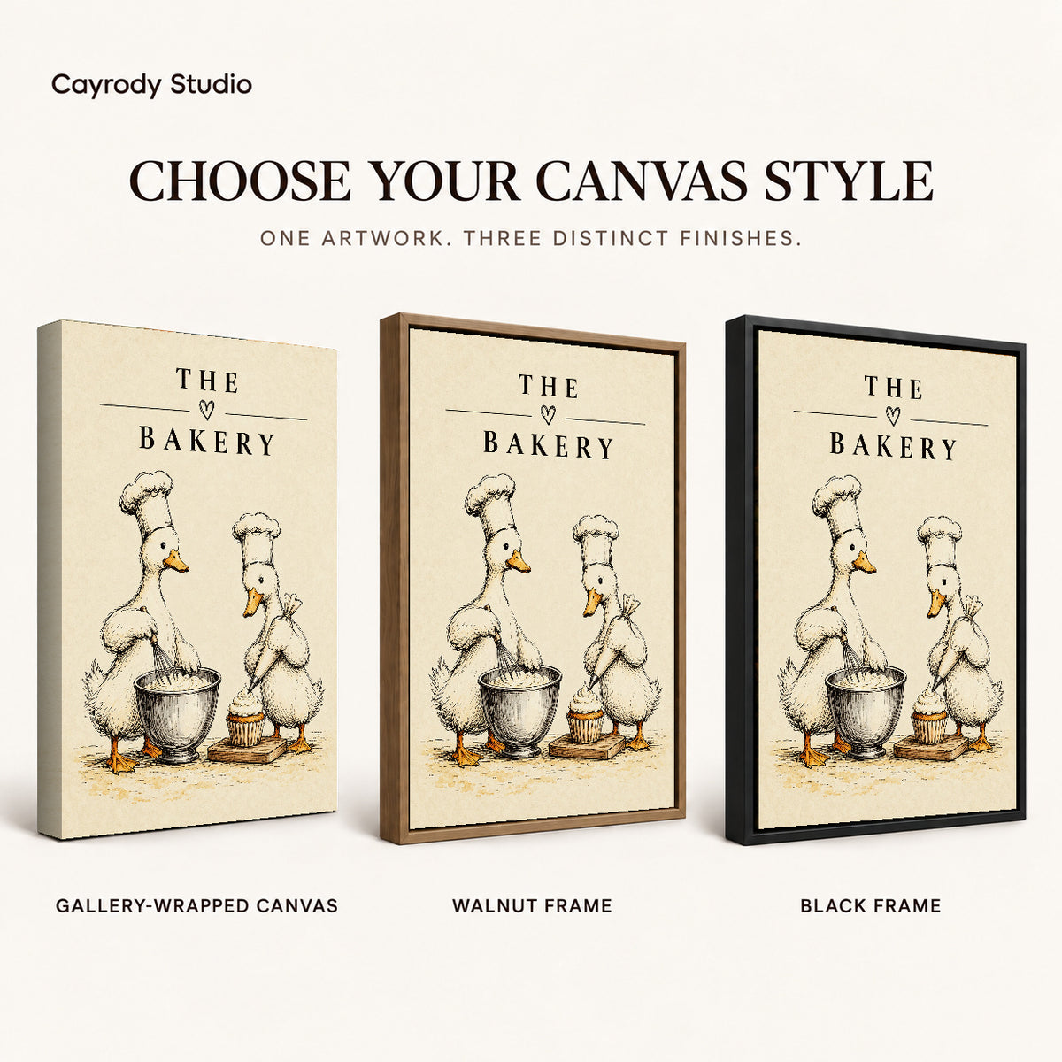 vintage bakery ducks canvas art compared across gallery-wrapped canvas, walnut frame, and black frame finishes.