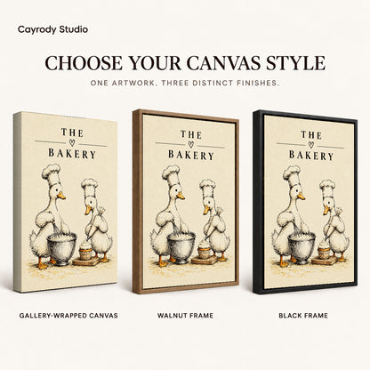 vintage bakery ducks canvas art compared across gallery-wrapped canvas, walnut frame, and black frame finishes.