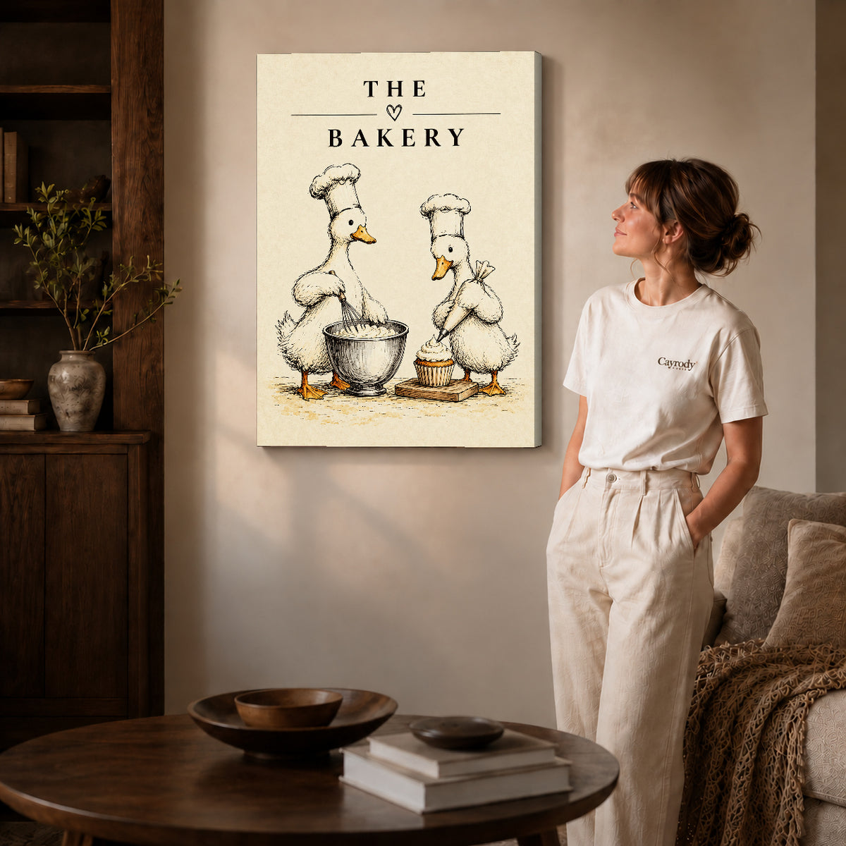 vintage bakery ducks canvas art shown in the gallery-wrapped option with visible depth and warm surroundings.