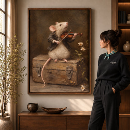 violin playing mouse canvas art in a walnut frame beside a standing woman and wooden console.