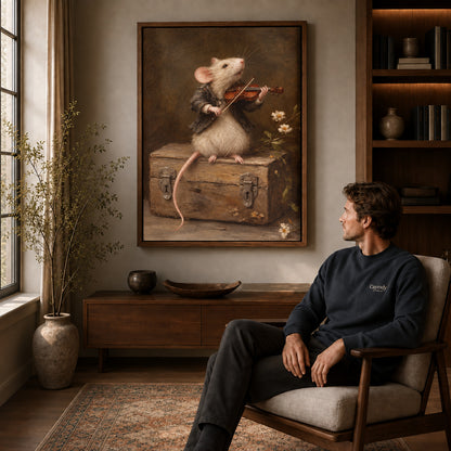 violin playing mouse canvas art in a walnut frame above a console beside a seated man.