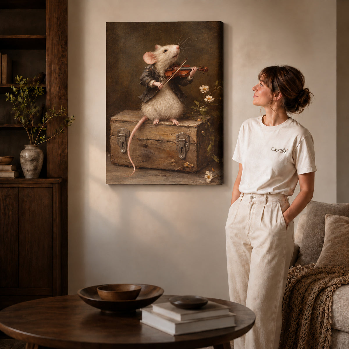 violin playing mouse canvas art on gallery-wrapped canvas with natural edge shading beside a standing woman.